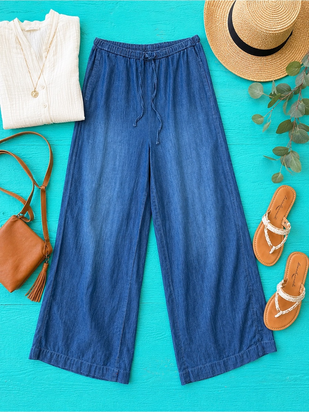 Lightweight Wide-Leg Pull-On Denim Chambray Pants Tencel Blend SIZE LARGE